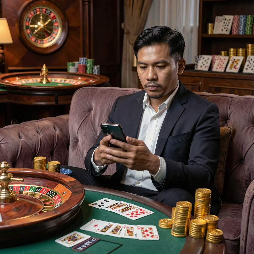 UCJILI App – A fast and user friendly way to enjoy casino games in the Philippines Filipino player using the UCJILI casino app on his phone with glowing roulette wheels playing cards and gold coins around him