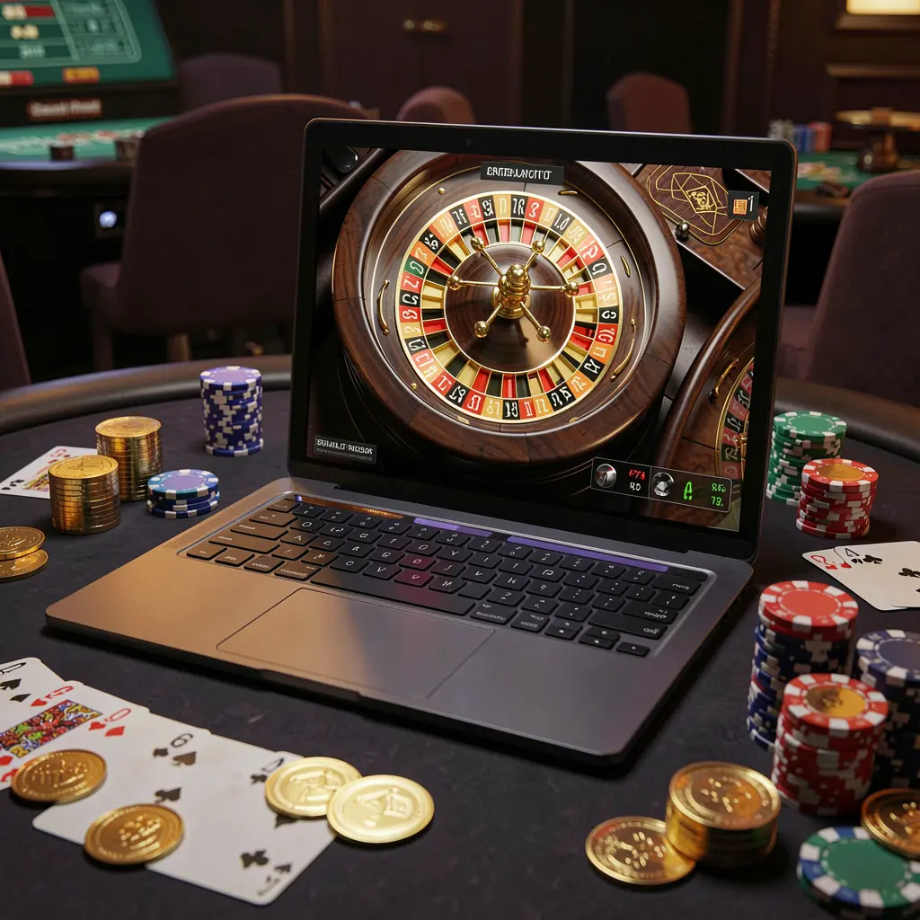 UCJILI – Enjoy immersive online casino gameplay anytime in the Philippines Modern laptop on a casino table with a live roulette game, poker chips and cards highlighting the immersive UCJILI online casino experience for players in the Philippines