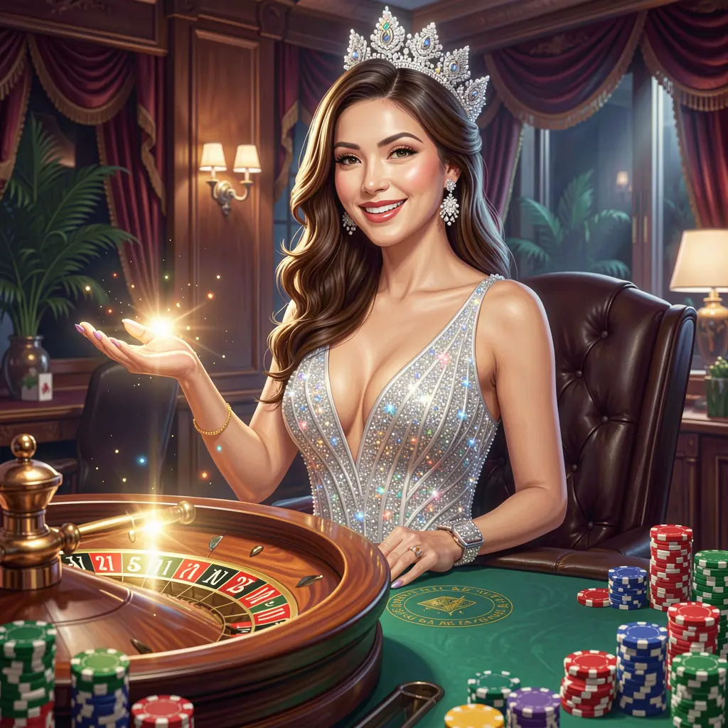 Stylish UCJILI casino host surrounded by vibrant gaming chips and a glowing roulette wheel representing secure and exciting login for Philippine players