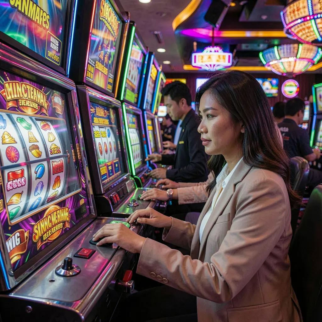 UCJILI – Enjoy exciting slot machine action made for players in the Philippines A focused Filipino woman enjoying colorful slot machines in a vibrant casino atmosphere at UCJILI with bright lights and engaging gameplay